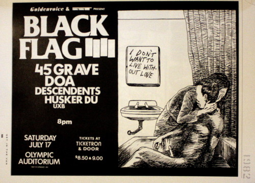 Black Flag, 45 Grave, DOA Decendents, Husker Du @ Olympic Auditorium. Sat, July 17th 1982. Art by Raymond Pettibon.
