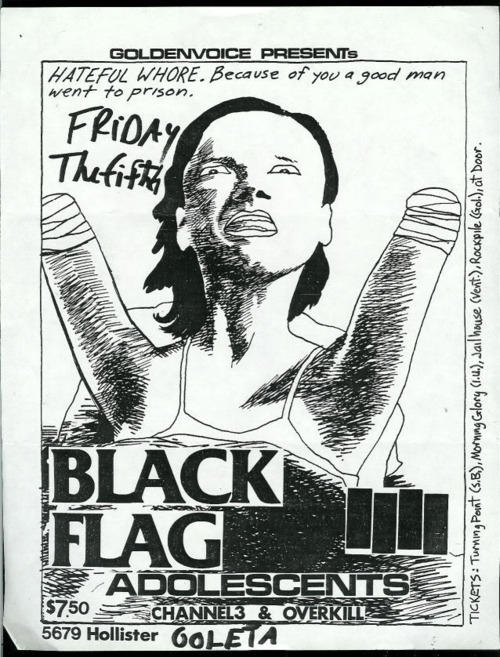 Black Flag, Adolescents, CH3 & Overkill at Goleta. Friday 5th 1982. Art by Raymond Pettibon (Alternate Flyer) Black Flag, Adolescents, CH3 & Overkill at Goleta. Friday 5th 1982. Art by Raymond Pettibon (Alternate Flyer)