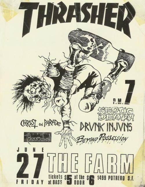 Christ on Parade, Septic Death. Drunk Injuns, Accused & Beyond Possession @ The Farm. Art by Pushead