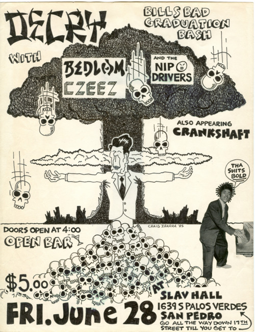 Decry, Bedlam, Czeez, Nip Drivers & Crankshaft at Slav Hall. June 28th 1985. Art by Craig Iberra
