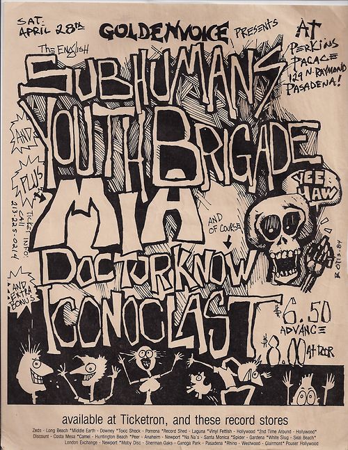 mainthreat: “ Subhumans / youth brigade / MIA / dr know - flyer 1984 ”