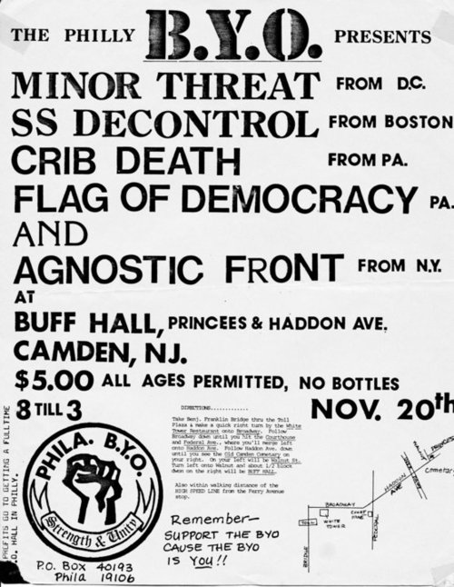 Minor Threat, SSD, Crib Death, Flag of Democracy & Agnostic Front @ Buff Hall. Nov 20th 1982 (Alternate Flyer) Note: Ian was hit by a car before the show!