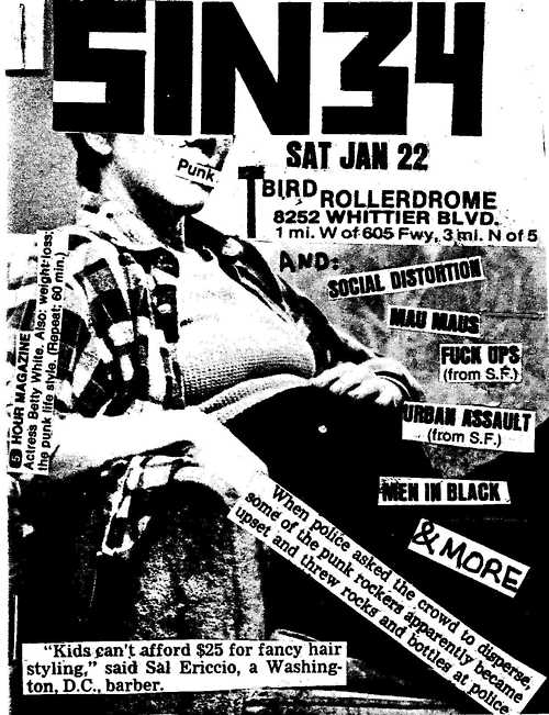 Sin 34, Social Distortion, Mau Maus, Fuck Ups, Urban Assault, & Men In Black @ T-bird Rollerdrome Jan 22nd 1983.