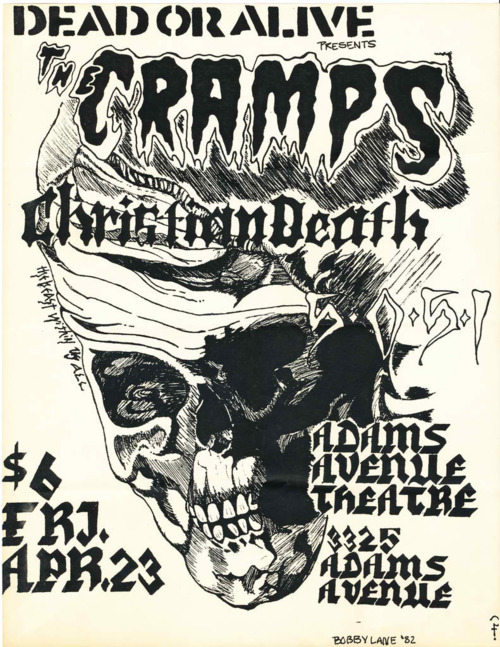 The Cramps, Christian Death, 5051 at Adams Ave. Theatre. Apr 23rd 1982. Art by Bobby Lane.