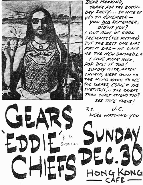 The Gears, Eddie & The Subtitles, The Cheifs at the Hong Kong cafe. Dec 30th 1979 The Gears, Eddie & The Subtitles, The Cheifs at the Hong Kong cafe. Dec 30th 1979