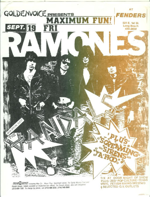 The Ramones & The Vandals at Fender’s. Friday Sept. 19th.