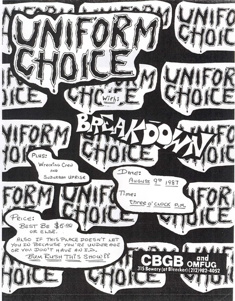 Uniform Choice, Breakdown, Wrecking Crew & Suburban Uprise at CBGB’s. Aug 1987.