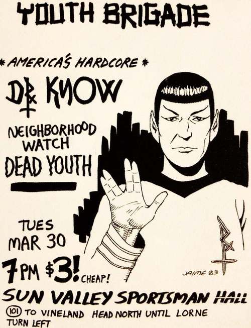 Youth Brigade, Dr. Know, Neighborhood Watch, Dead Youth @ Sportsman Hall. Flyer by Jaime 1983. Youth Brigade, Dr. Know, Neighborhood Watch, Dead Youth @ Sportsman Hall. Flyer by Jaime 1983.